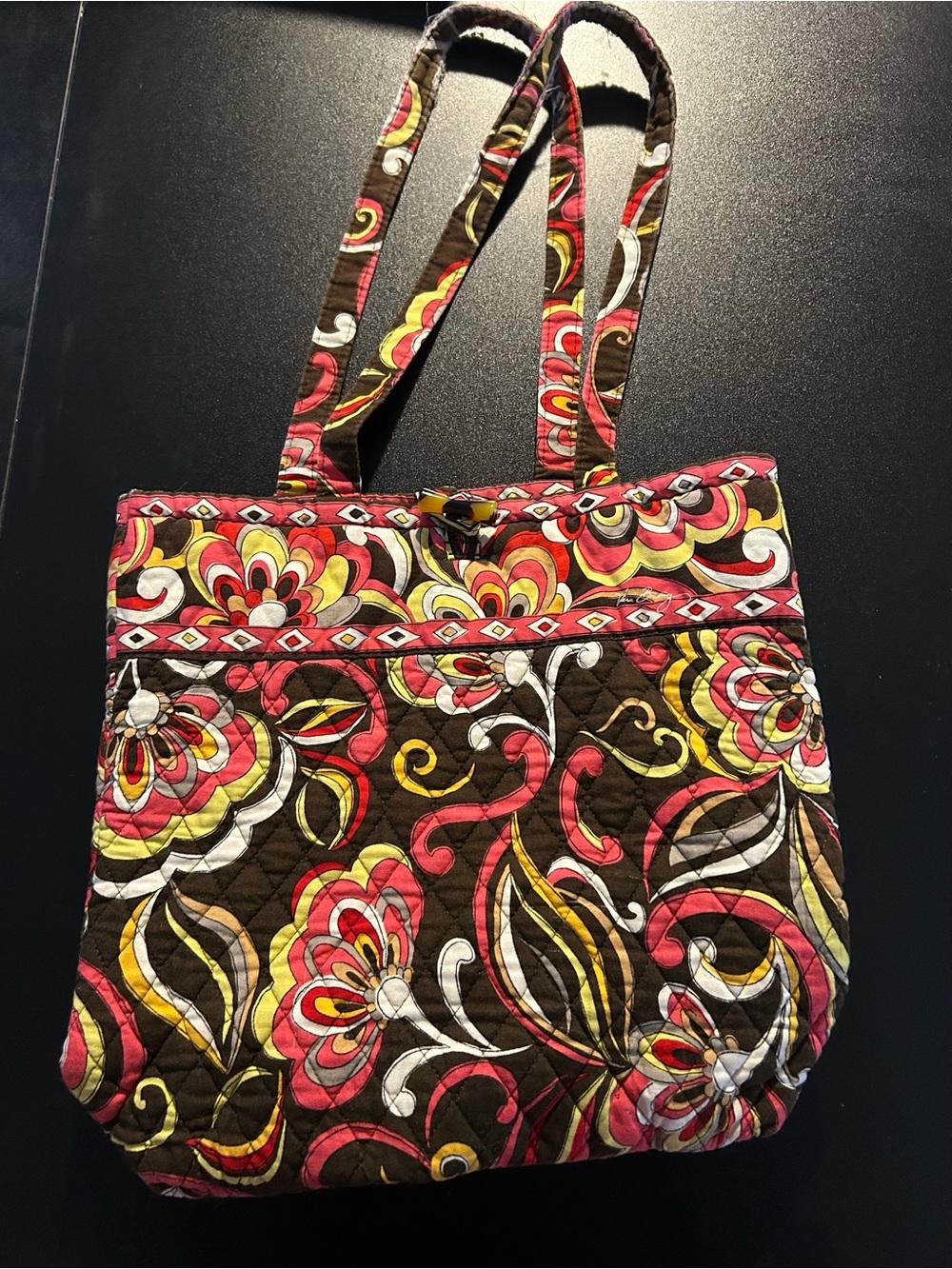 Quilted Vera Bradley Floral Tote Bag in Brown, Pink & Yellow